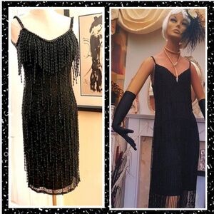VTG Sho Max Originals,Black Beaded & Tiered Fringe & Sheath Flapper Dress,Size S